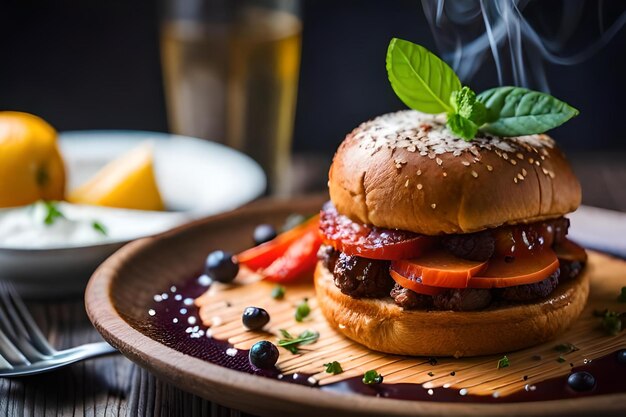 un hamburger con un bicchiere di birra e un bicchiere di birra.