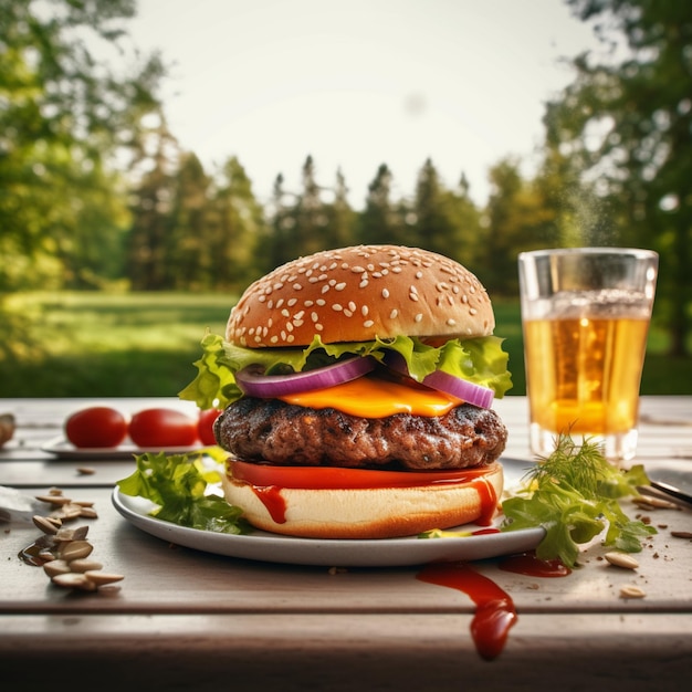 Un hamburger con un bicchiere di birra su un tavolo