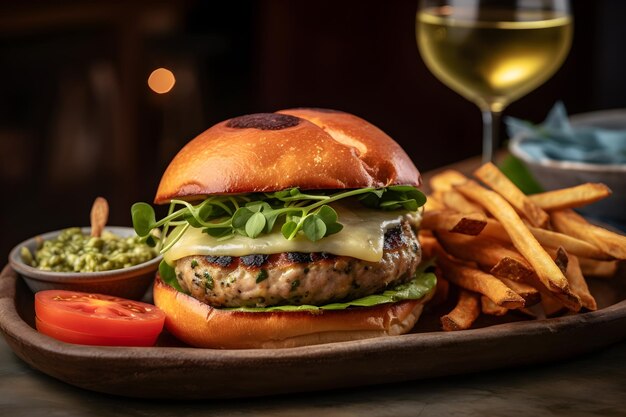 Un hamburger con un bicchiere di vino e un bicchiere di vino