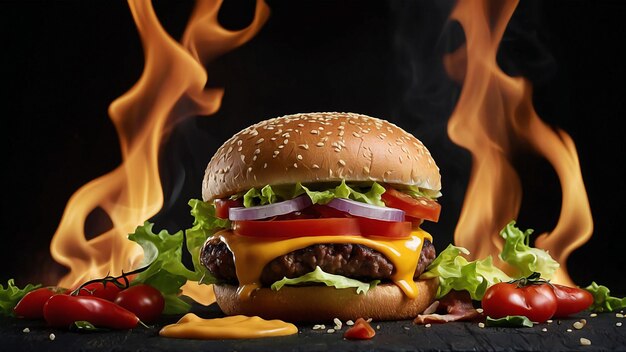 un hamburger con un hamburger in cima è in fiamme