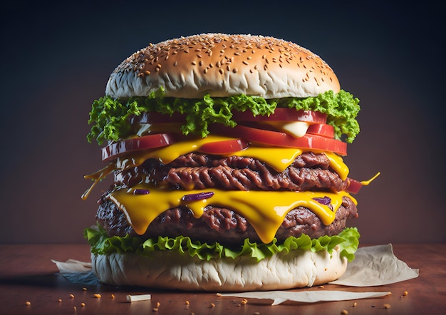 Un hamburger con un hamburger sopra e la parola hamburger sul lato.