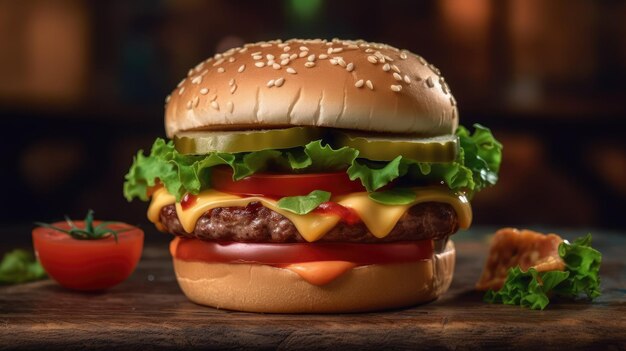 Un hamburger con un hamburger sopra e un ketchup sul lato