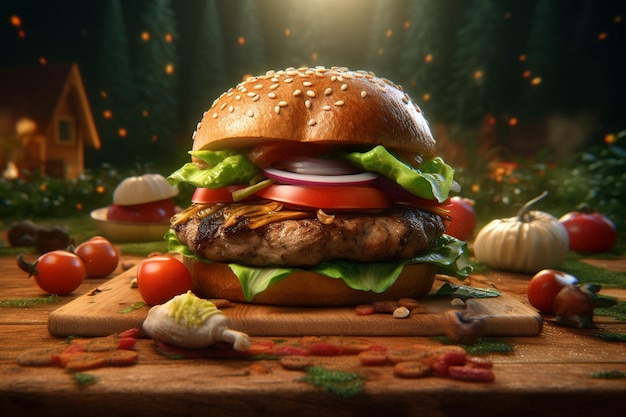 Un hamburger con un mucchio di verdure sul tavolo