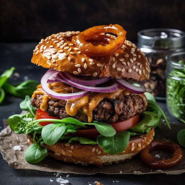 Un hamburger con un panino di semi di sesamo e cipolle rosse su uno sfondo scuro.