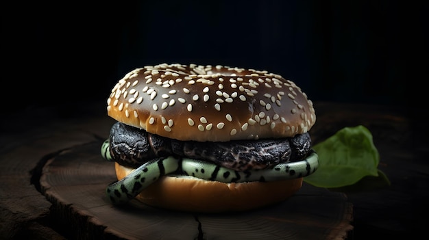 Un hamburger con un panino di semi di sesamo nero e una foglia verde su una superficie di legno.