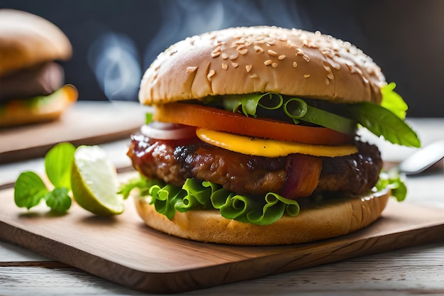 un hamburger con un panino e un sottaceto sopra.