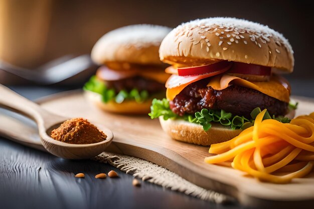 un hamburger con un pezzo di pasta e un cucchiaio su un tavolo.