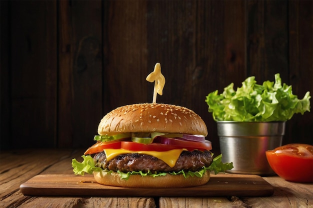 un hamburger con un piccolo pezzo di formaggio su di esso e una tazza di secchio di ghiaccio dietro di esso