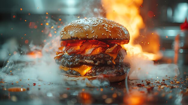 un hamburger con un sacco di formaggio e ketchup