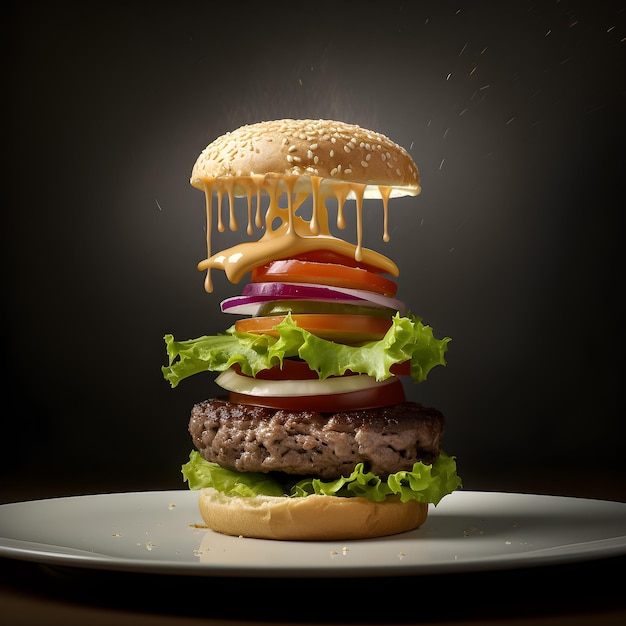 Un hamburger con un sacco di salsa sopra