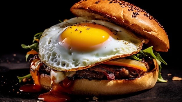 un hamburger con un uovo fritto e un uovo fritto.