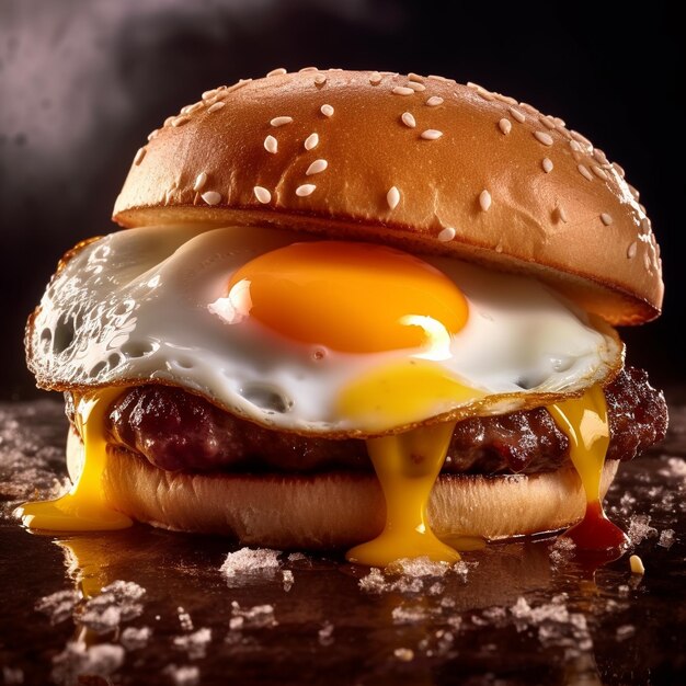 Un hamburger con un uovo sopra e un uovo fritto sopra.