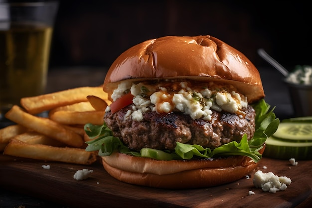 Un hamburger con una birra in sottofondo