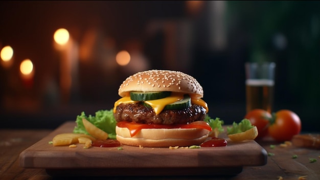 Un hamburger con una birra in sottofondo