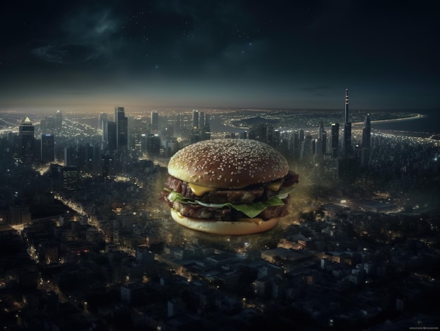 Un hamburger con una città sullo sfondo