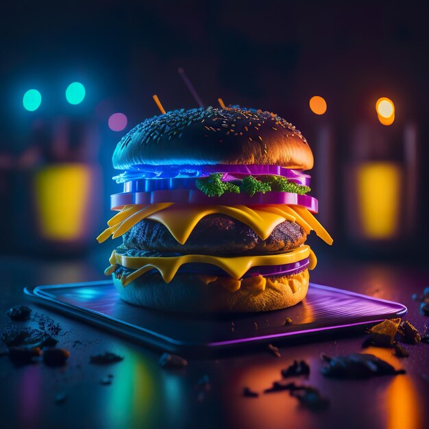 Un hamburger con una fascia viola è illuminato con delle luci.