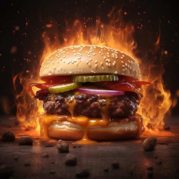 Un hamburger con una fiamma Hamburger di manzo con sfondo di fuoco Hamburger al fuoco Succoso hamburger di formaggio al fuoco