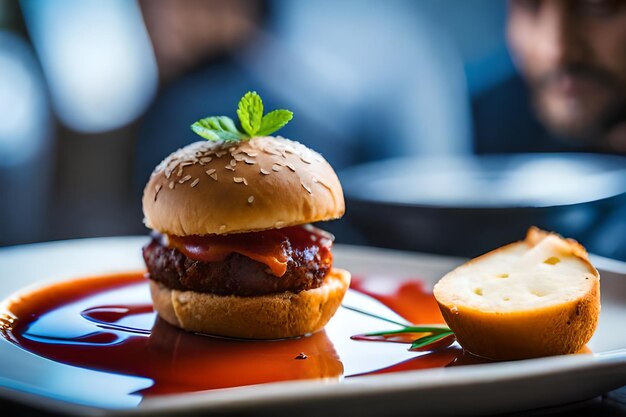 un hamburger con una foglia verde in cima