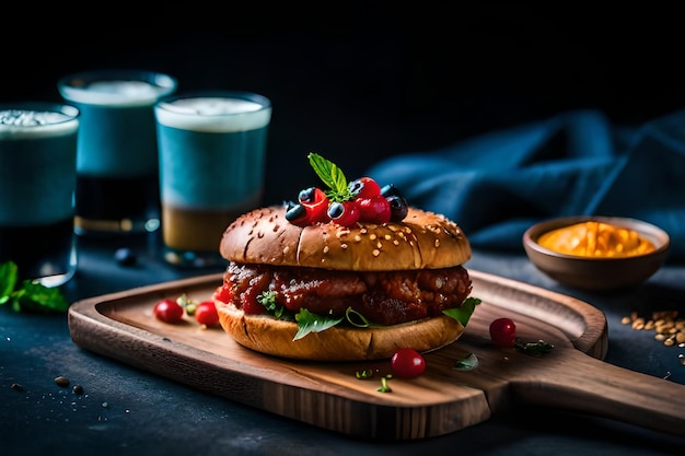 un hamburger con una foglia verde su di esso si siede su un vassoio di legno con due bicchieri di bevanda