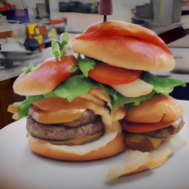 Un hamburger con una guarnizione di pomodoro e formaggio è seduto su un tavolo.