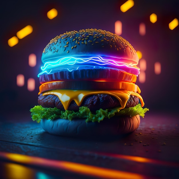 Un hamburger con una luce al neon dietro