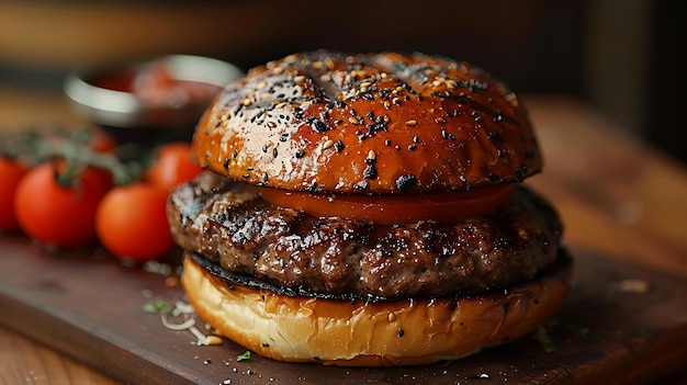 un hamburger con una salsa rossa e un pomodoro cherry in cima