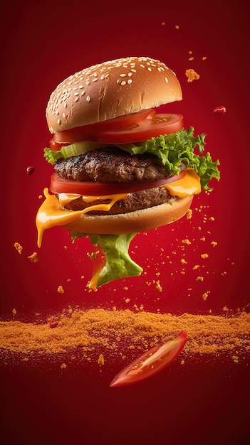 Un hamburger con uno sfondo rosso e la scritta burger sopra.