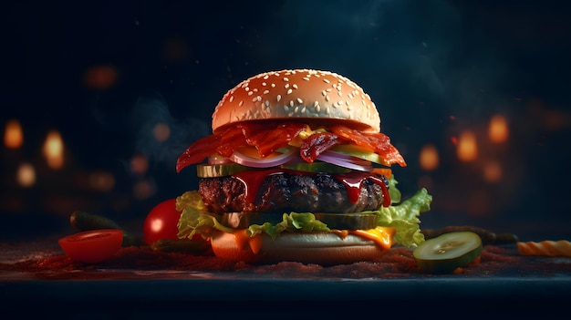 Un hamburger con uno sfondo scuro e sopra un pomodoro.