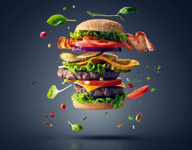 Un hamburger decostruito con i suoi ingredienti galleggianti nell'aria che mostra verdure fresche formaggio e manzo su uno sfondo scuro