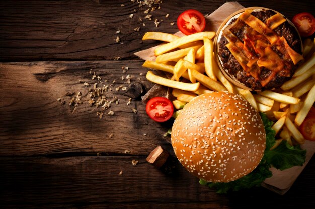 Un hamburger delizioso abbinato a patatine croccanti su uno sfondo rustico