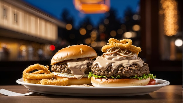 Un hamburger di manzo con un tortino succoso condito con una salsa cremosa di funghi e un anello di cipolla croccante