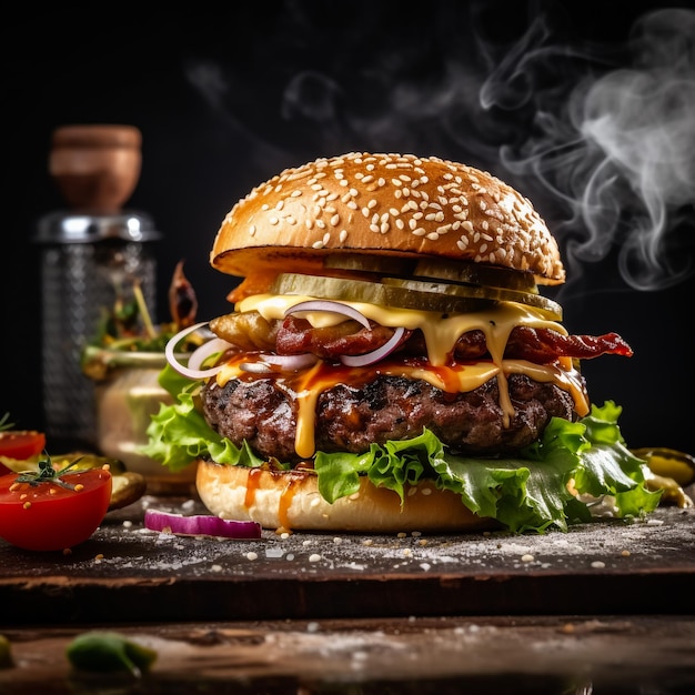 Un hamburger di manzo ripieno di verdure e antipasti e servito con patatine fritte