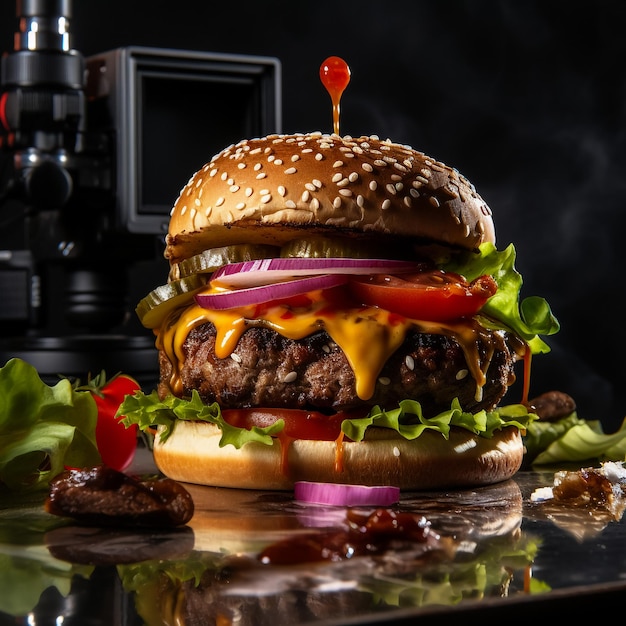 Un hamburger di manzo ripieno di verdure e antipasti e servito con patatine fritte