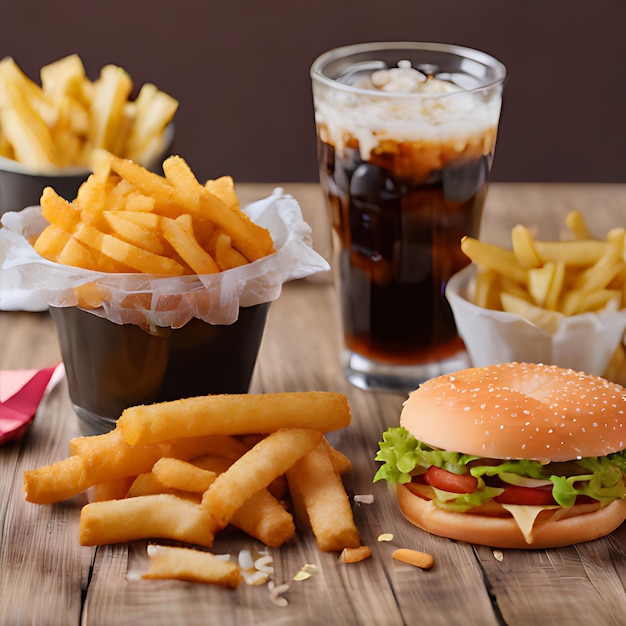 un hamburger e delle patatine fritte sono su un tavolo con un drink