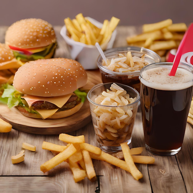 un hamburger e delle patatine fritte sono su un tavolo con una bandiera rossa