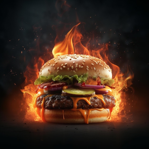 Un hamburger è in fiamme con una fiamma sopra.