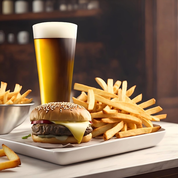 Un hamburger e patatine fritte con una birra fresca