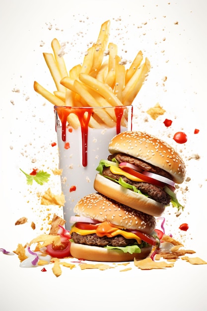 un hamburger e patatine fritte sono mostrati in un poster che dice hamburger