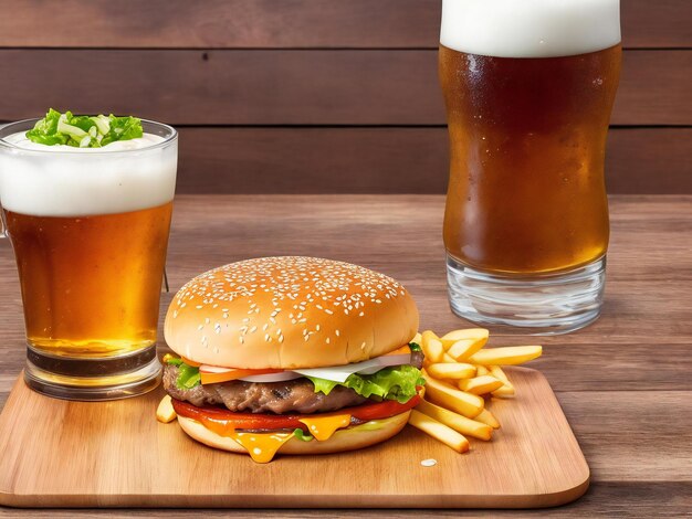 Un hamburger e patatine fritte su una tavola di legno con un bicchiere di birra ai generato