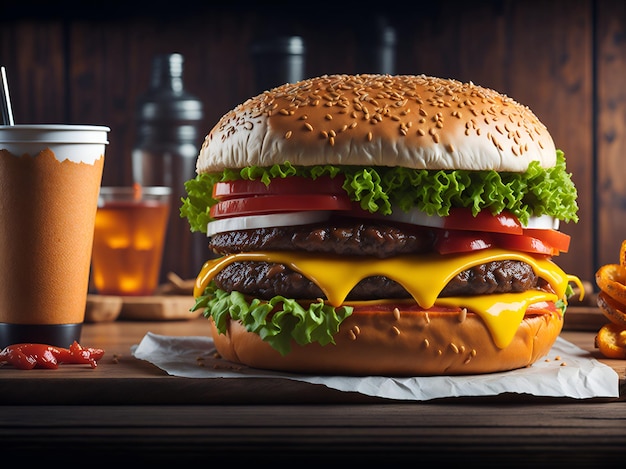 Un hamburger è seduto su un tavolo con una tazza di birra sullo sfondo.