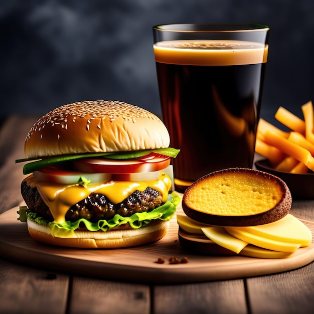 Un hamburger e un bicchiere di birra siedono su un tavolo di legno.