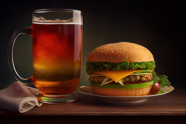 Un hamburger e un bicchiere di birra sono su un tavolo.