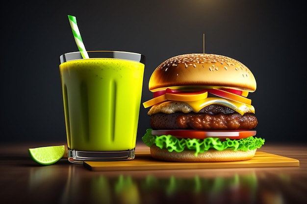 Un hamburger e un bicchiere di succo verde