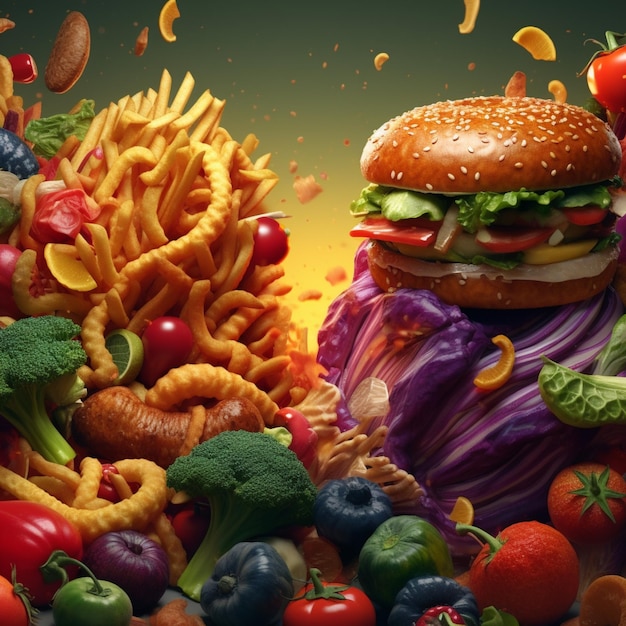 Un hamburger e verdure in un mucchio di cibo