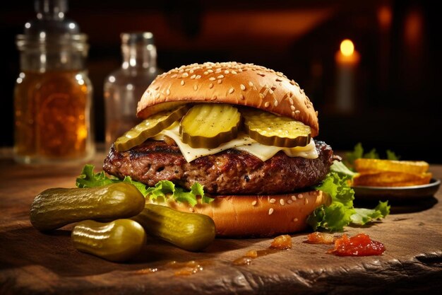 Un hamburger fatto in casa con cetrioli, ketchup e senape.