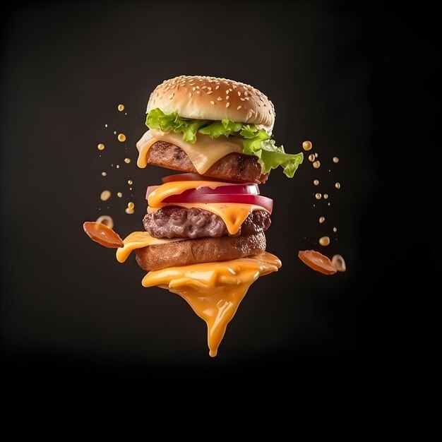 Un hamburger fluttua nell'aria ed è visibile la scritta "burger".