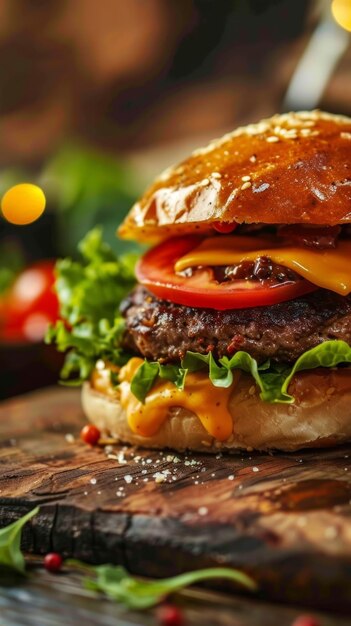 Un hamburger gourmet di manzo completo di formaggio fuso, fette di pomodoro fresco e lattuga croccante è splendidamente presentato su una superficie di legno rustico che trasuda un irresistibile fascino culinario