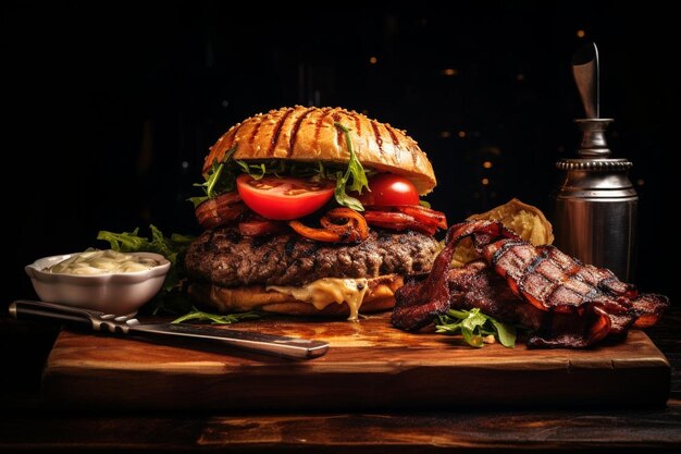 Un hamburger servito su una tavola da taglio con una bistecca.