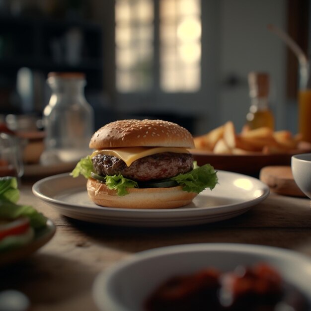 Un hamburger si siede su un piatto con una ciotola di insalata e una ciotola di fette di pomodoro.