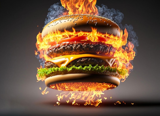Un hamburger sta volando tra le fiamme e sta volando in aria con la scritta "burger" sul lato.